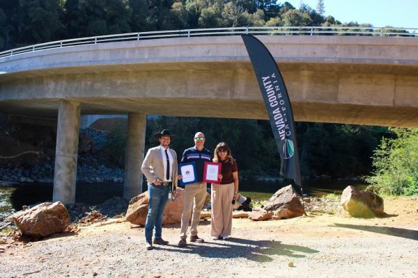 Nevada County Supervisor Robb Tucker at the ribbon‑cutting this week for the new Dog Bar Bridge‚ near Colfax